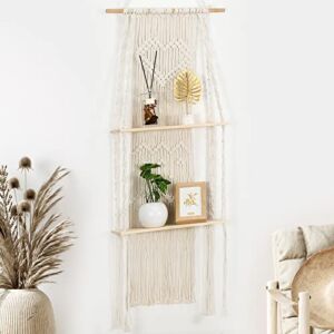 Lewondr Wall Hanging Floating Shelves, 2 Tier Bohemian Wood Shelves with Handmade Macrame Rope, Hanging Wall Decor for Small Plant Pots Books Albums, Shelf Display for Bedroom Living Room, Beige