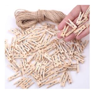 Mini Clothes Pins for Photo, Small Clothespins 200 pcs 1″ Natural Wooden Mini Clothes Pins with Jute Twine, Mini Photo Clips Small Clothes Pins for Photos, Crafts, Arts, Cocktails