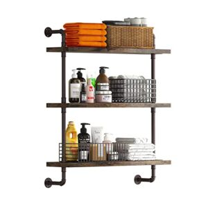 Helsin 3 Tier Industrial Pipe Shelf Rustic Wood Floating Shelves,Wall Display Bookshelf,Storage Rack Sundries Holder for Kitchen Office Bathroom Organization and Home Decor (24inch)