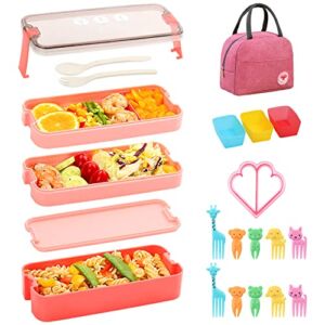 Onanuto Bento Box Adult Lunch Box, 3 in 1 – kids bento box kit with Sandwich Cutters, Microwave Safe Lunch Containers with Lunch Bag Stackable Bento Lunch Box Set (Pink)