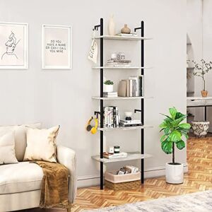 Bestier 70″ Industrial Wall-Mounted Ladder Shelf 5 Tier Bookshelf with Storage Organizer Plant Flower Display Stand Round Tube Bookcase Rack with 2 Hooks for Home Office, Gray