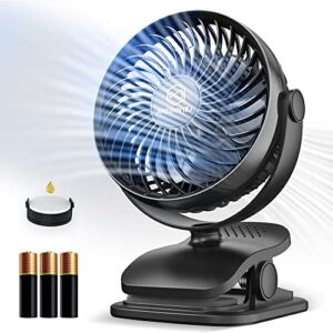AA Battery Operated Baby Stroller Fan, 5 Inch Clip on Desk Fans with 4 Speeds,Bonus Aroma Function, USB Personal Fan, Portable Camping Fan, 360°Rotation, Wireless Golf Car Fan for Bed, Home, Sturdy