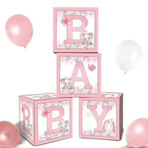4 Pcs Pink Elephant Baby Balloon Box Decorations DIY Pink Baby Letter Blocks Balloons Set for Pink Little Peanut Baby Shower Party Supplies Photo Backdrop