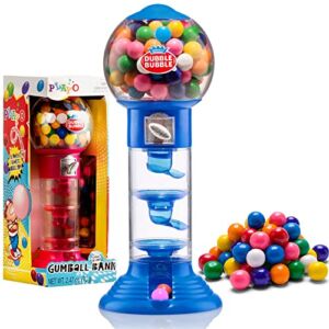 PlayO 10.5″ Coin Operated Spiral Gumball Machine Toy Bank – Dubble Bubble Spiral Style Includes Aprox 40 Gum Balls – Kids Coin Bank (Blue)