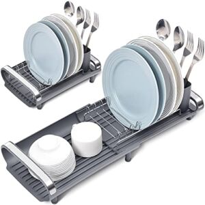 Toolf Expandable Dish Rack, Compact Dish Drainer, Stainless Steel Dish Drying Rack with Removable Cutlery Holder, Anti Rust Plate Rack, Small Sink Drainer for Sink or Kitchen Countertop