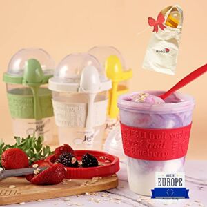 The Buybox 20 oz 4 Pcs. Clear Plastic Parfait Cups with Insert & Dome Lids & Spoon & Carrier Bag – Reusable Snack Cups, Yogurt Container, Parfait Cups, Cereal, Oatmeal Containers with Lids – 4 Colors