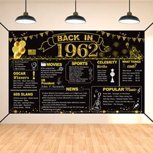 DARUNAXY 60th Birthday Black Gold Party Decoration, Back in 1962 Banner 60 Year Old Birthday Party Poster Supplies, Extra Large Fabric Vintage 1962 Backdrop Photography Background for Men and Women