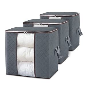 DOKEHOM 3-Pieces 100L Large Clothes Storage Bag Organizer with Reinforced Handle for Comforters, Blankets, Bedding, Collapsible Under Bed Storage (Grey)