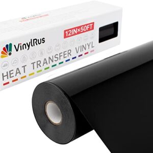 VinylRus Heat Transfer Vinyl-12” x 50ft Black Iron on Vinyl Roll for Shirts, HTV Vinyl for Silhouette Cameo, Cricut, Easy to Cut & Weed