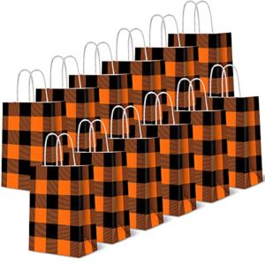Whaline 20 Pieces Fall Halloween Paper Bags Orange Black Buffalo Plaid Kraft Party Bags with Handle Party Favor Gift Bag Candy Treat Bag for Autumn Thanksgiving Halloween Wedding