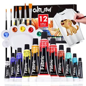 COLORFUL Fabric Paint Set for Clothes with 6 Brushes, 1 Palette, 12 Colors – Permanent Textile Paint Puffy Paint Kit for Shoes, Canvas – Non-Toxic Slick Painting Set for Adults, Beginner & Artists