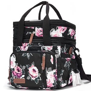 Movcompra Lunch Bag Women Flower Insulated Lunch Box for Work, Expandable Large Lunch Bag, Leakproof Double Deck Lunch Box Cooler Bag with Removable Shoulder Strap