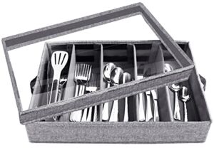 Silverware Storage Box – Flatware Case Chest Box, 5 Compartment Tableware Cutlery Container with Removable PVC Lid and Easy to Carry Handles,Large Capacity Utensils(Light Grey)