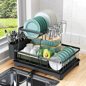 Dish Drying Rack, Dish Rack for Kitchen Counter, 2-Tier Dish Drainer with Glass Holder and Utensil Holder, Stainless Steel Dish Drying Rack with Drainboard. (Black)