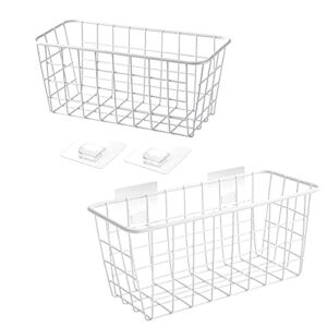 LeleCAT Hanging Kitchen Baskets For Storage Adhesive Sturdy Small Wire Storage Baskets with Kitchen Food Pantry Bathroom Shelf Storage No Drilling Wall Mounted,2 PACK,White