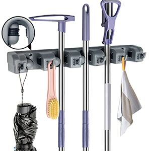 Broom Mop Holder Rake Garden Tool Organizer Wall Mount No-Slide Heavy Duty Indoors or Outdoors Multi-functional 5 Position with 6 Hooks Gray From Mess to Home Decoration, 23.6 X15.75 X1.4inch (18001)