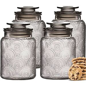 4pc Glass Canisters Set for Kitchen Counter with Airtight Lids – Vintage Retro Design – Pantry Organization Food Storage Containers for Cookies, Nut Bowl, Tea, Sugar, Candy Jars, Sugar Packet Holders.