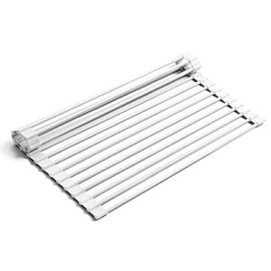 Bellemain Over Sink Drying Rack – Collapsible Space Saving Roll Up Sink Rack, Portable Dish Drying Rack for Kitchen Sink – Foldable Stainless Steel & Silicone Dish Drainer, (White, Large)