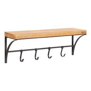 Kate and Laurel Ozias Farmhouse Shelf with Hooks, 24 x 9, Rustic Brown and Black, Sopisticated Coat Rack and Shelf for Storage and Display