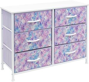 Sorbus Dresser with 6 Drawers – Furniture Storage Chest for Bedroom Tower Unit Furniture, Hallway, Closet, Office Organization – Steel Frame, Wood Top, Tie-dye Fabric Bins (6-Drawer, Blue/Pink/Purple)