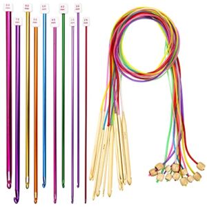 23 Pieces Tunisian Crochet Hooks Kit Including 12pcs 3-10 mm Bamboo Knitting Needle with Bead Carbonized Bamboo Needle + 11pcs 2-8 mm Multi Color Tunisian Afghan Aluminum Crochet Hooks