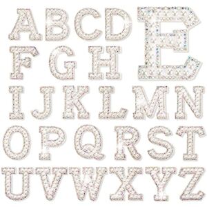 26 Piece Pearl Iron on Letter A-z White Rhinestone Pearl Bling Letter Patch Glitter Sew on Alphabet Applique Rhinestone Pearl English Letter for DIY Craft Supplies(White,1.85 Inch High)
