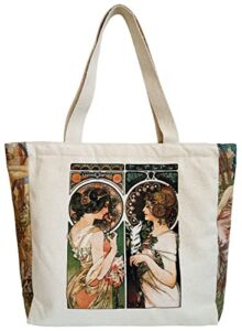 HaoHakka Canvas Tote Bag Aesthetic Vintage, Cute Graphic Trendy Tote Bags with Zipper Pockets Valentines Christmas Gifts for Women Girls Her(Alphonse Maria Mucha)