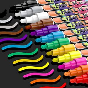 Liquid Chalk Markers Chalkboard Marker Pens 12 Assorted Colors 6mm Reversible Tip Neon Chalk Marker Wet Erasable Chalk Board Markers for Black Board Signs Car Window Mirror Glass Non-Porous Surface