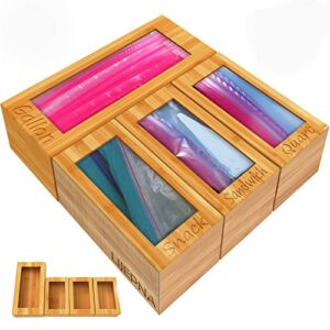 LIJEPNA Ziplock Bag Storage Organizer for Kitchen Drawer, Bamboo Ziploc Bag Organizer,4 Separate Baggie Organizer, Suitable for Gallon, Quart, Sandwich & Snack Variety Size Bag (4 box set)