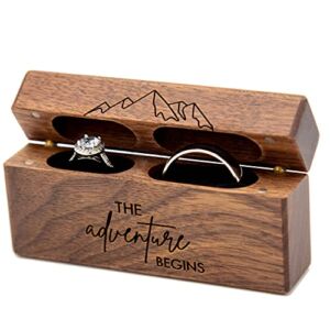 MUUJEE The Adventure Begins Slim Double Wood Ring Box – Engraved Wooden Ring Holder for 2 Rings Engagement Proposal Wedding Ceremony Ring Bearer Box