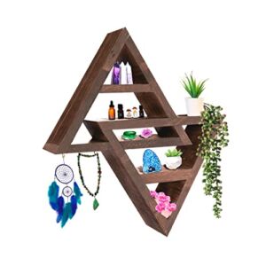 FEHE Premium Rustic Triangle Wooden Shelf with Hooks, Crystal Stands for Display, Stones and Crystals Case, Key and Jewelry Hanger, Essential Oil Organizer, Room Decor Zen Vintage, Moon Wall Art