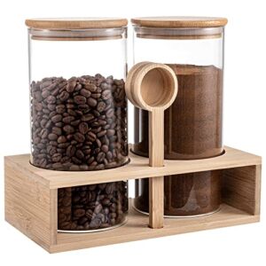 Glass Coffee Containers with Shelf – 2Pcs 49oz Large Capacity BPA Free Coffee Storage Jars with Airtight Sealed Bamboo Lids Spoon, Kitchen Food Storage Jars for Coffee Beans, Coffee Powder, Sugar, Tea