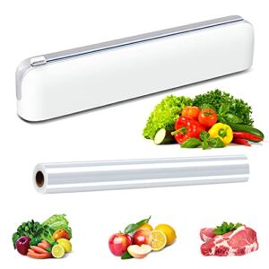 Refillable Plastic Wrap Dispenser, Cling Wrap Dispenser with Slide Cutter, Reusable Plastic Food Wrap Dispenser, Foil and Cling Film Dispenser with Cutter, 1 Roll 12″ x 200ft Plastic Wrap Included