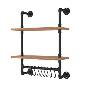 C&AHOME 2-Tier Wall Mounted Industrial Pipe Shelving, Rustic Metal Floating Shelves, Hanging Bookshelf, Wood Storage Shelf with Towel Bar and 8 S Hook for Bathroom Bedroom 24″ L x 9.8″ W x 29″ H Brown