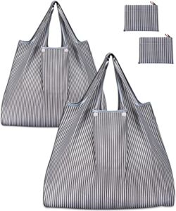 KINGMAS Reusable Grocery Bags, Eco-Friendly Folding Tote Shopping Bag fits in Pocket, Washable Waterproof Nylon Pouch Bags (2 Pack (Grey Stripe))