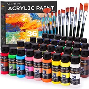 Acrylic Paint Set 36 Colors(2oz /60ml) with 12 Brushes,Rich Pigmented, Premium Acrylic Paints for Canvas Wood Glass Rock Leather Painting, Art Craft Paint Supplies