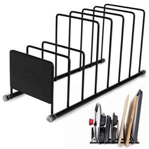 Lid and Dish Organizer Rack – Matte Black Kitchen Storage and Organization Stand – Plate Holder, Pan/Pot Covers, Cutting Board and Cookie Sheet Divider – 7-Tier Cabinet or Counter Display Organizers