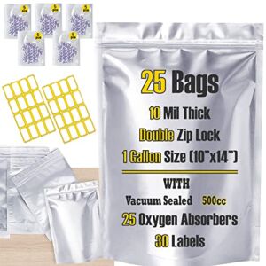 Mylar Bags 1 Gallon 25 pcs 10 Mil Thick for Long Term Food Storage with Oxygen Absorbers 500cc Double Ziplock , Smell Proof, AirTight Resealable Mylar Bags for Food Storage, Freeze Dryer, Dry Curing Bags, | Bolsas Mylar | Bolsas Para Almacenar Alimentos-