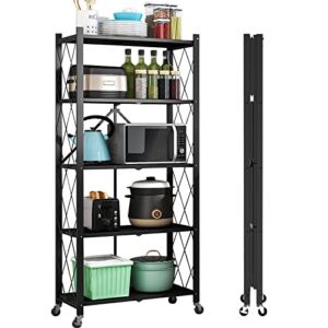 Mochubang Foldable Storage Shelves Unit, 5 Tier Folding Shelf Steel Shelving Rack with Wheels for Mobile Storage in Kitchen, Warehouse, Closet, Patio, Pantry, No Assembly, 1250 lbs Capacity, Black