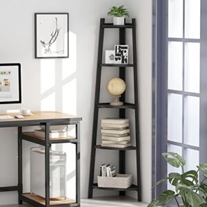 Homsee 5-Tier Tall Corner Shelf, Wood Corner Bookshelf Ladder Shelf, Plant Stand Display Storage Shelves for Living Room, Kitchen & Office, Black