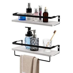 Foraineam 2 Pack Floating Shelves with One Towel Bar, Rustic Wood and Metal Storage Shelves, Wall Mounted Display Racks for Kitchen Bathroom Bedroom Living Room
