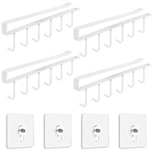 4 Pack 6 Mug Hooks Under Cabinet Closet Mug Adhesive Hanger Cups Storage Under Shelf for Kitchen Utensil Without Drilling, Fit for 1 Inch Thickness Shelf or Less(White)