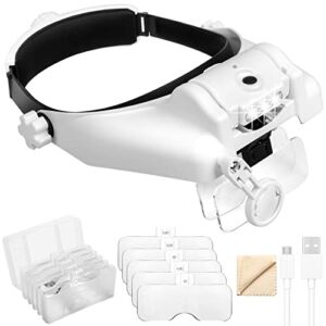 Headband Magnifier Glasses, Linkhood 1X to 14X Rechargeable Head Magnifier with LED Light, Handsfree Head Mount Magnifying Glass with 6 Detachable Lens for Close Work Reading Jewelry Crafts Repair