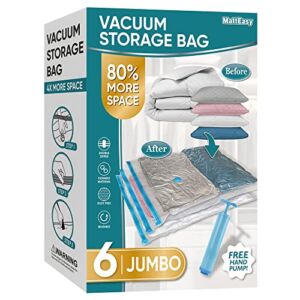 MattEasy Space Saver Vacuum Storage Bags, 6 Pack Jumbo Space Saver Bags with Pump, Storage Vacuum Sealed Bags for Clothes, Comforters, Blankets, Bedding (Jumbo)