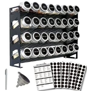 Ardier 4 Tier Spice Rack Organizer with 32 Square Spice Jars and 160 Spice Labels Set for Kitchen Cabinet Countertop Pantry or Wall Mount, Matte Black