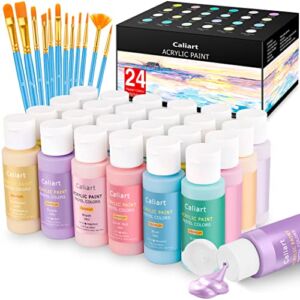 Caliart Pastel Acrylic Paint Set with 12 Brushes, 24 Pastel Colors (59ml, 2oz) Art Craft Paint for Artists Students Kids Beginners, Halloween Decorations Canvas Ceramic Wood Rock Painting Supplies Kit