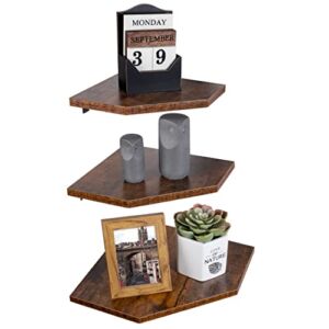 Becko US Corner Floating Shelves Set of 3 Wall Mount Shelves for Bedroom, Rustic Wood Wall Coner Shelves Storage Rack for Bedroom, Living Room, Office and Kitchen (Rustic Brown)