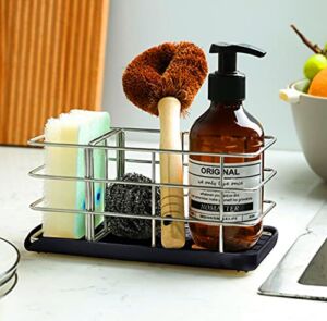 Steel Kitchen Sponge Holder,Kitchen Sink Organizer Sink Caddy, Dish Brush Soap Holder Kitchen Sink Counter (Black)