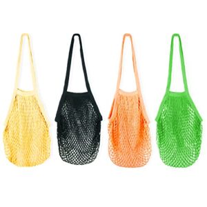 [4 Pack] Premium Mesh Grocery Bags, Reusable Produce Bags, Long Handle Net Tote Bags, 100% Cotton String Bags, Fruit and Vegetable Bags, 4 colors (Portable/Washable/Durable)