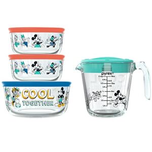 Pyrex 8-Pc Glass Food Storage Container Set with 2-Cup Measuring Cup, 2-Cup & 4-Cup Decorated Round Meal Prep Containers, BPA-Free Lids, Disney Mickey & Friends
